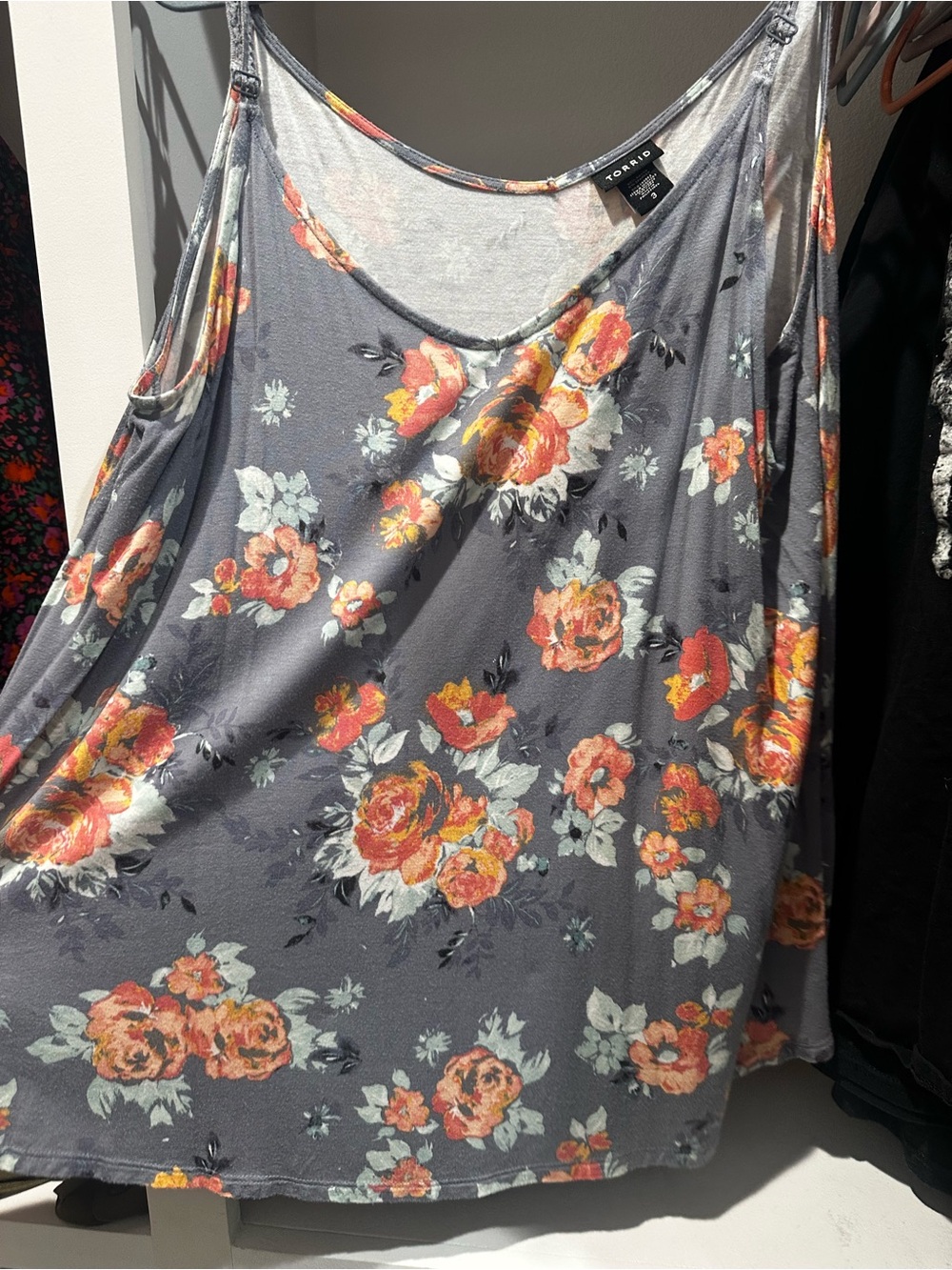 Torrid Gray Floral Cold-Shoulder Tank Top - Gray with Orange Floral
